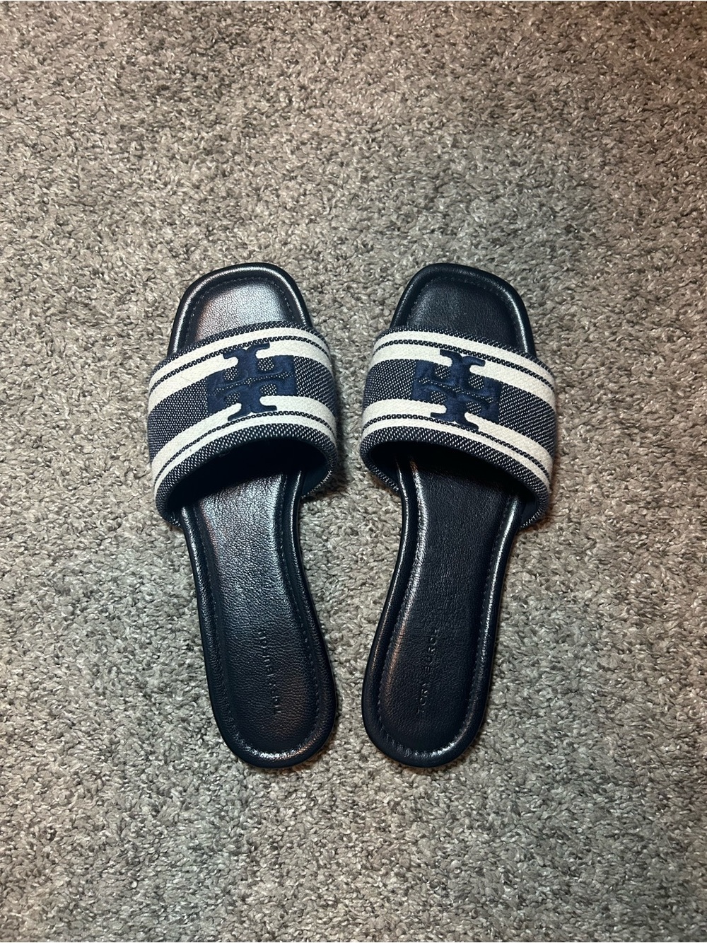 Tory Burch Navy and White Slide Sandals